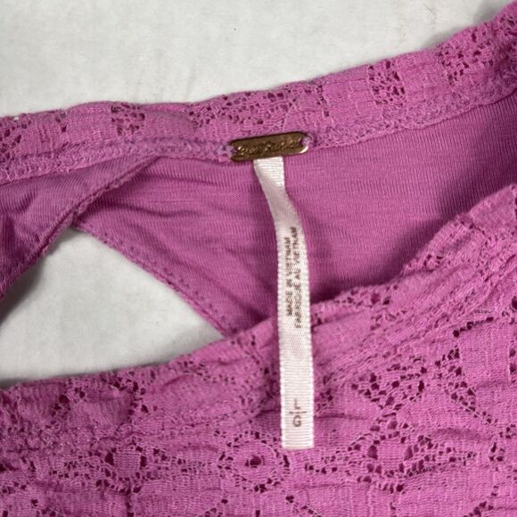 Free People Tea Time Blouse Pink Lace Open Back Boho Romantic Puff Sleeve Large - Picture 5 of 10